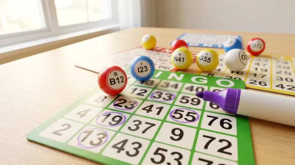 Colourful bingo cards and numbered balls on a wooden table