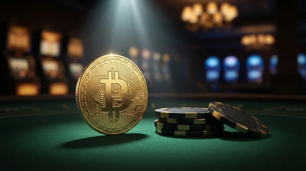 Golden Bitcoin coin on a dark felt table next to stacked casino chips