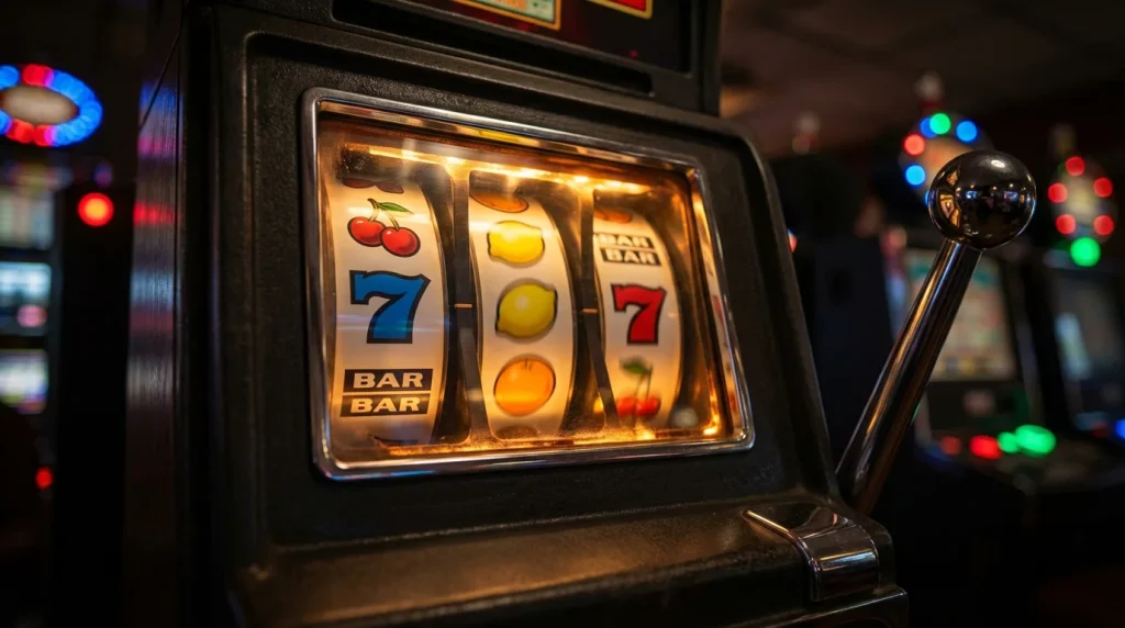 Slot machine reels frozen mid-spin with cherry symbols under bright lights