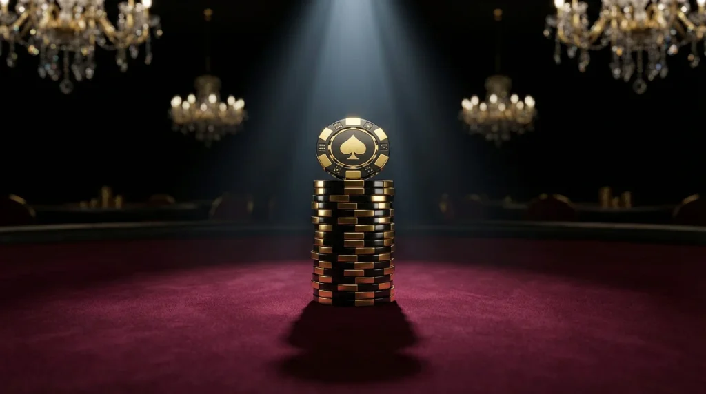 Tall stack of high-value casino chips on a velvet table under dramatic spotlight