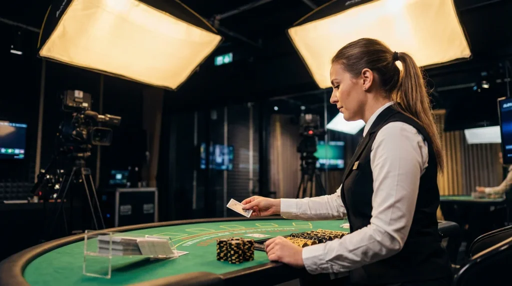 Live casino dealer at a blackjack table with cards and chips under studio lighting
