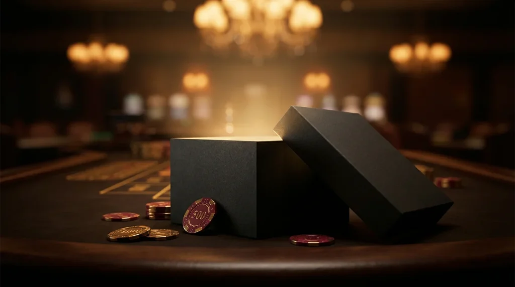 Glowing bonus gift box opening on a casino table with scattered chips