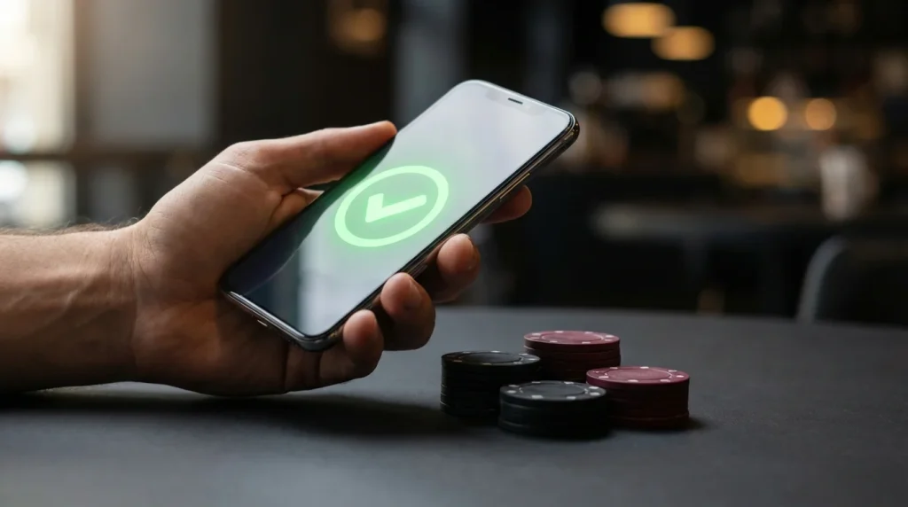 Smartphone showing a payment confirmation screen next to casino chips on a dark surface