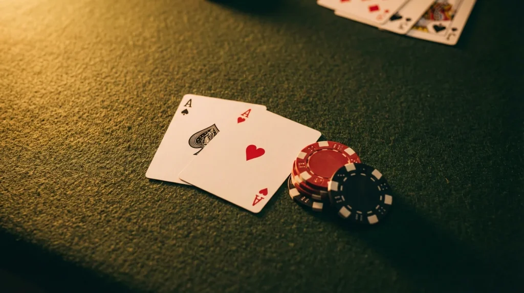 Poker hand with two aces and chips on green felt table under warm light
