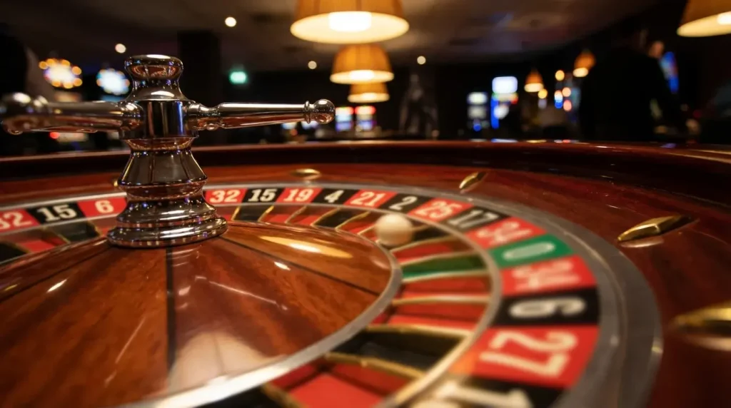 European roulette wheel spinning with the ball in motion under casino lighting